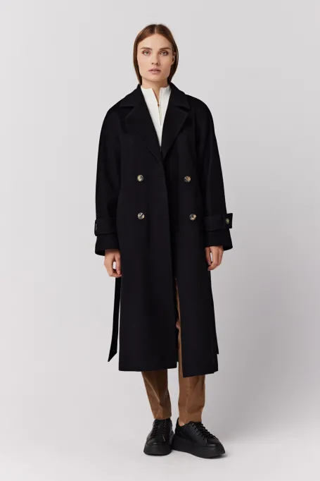 Dlung negru palton de lână cu curea