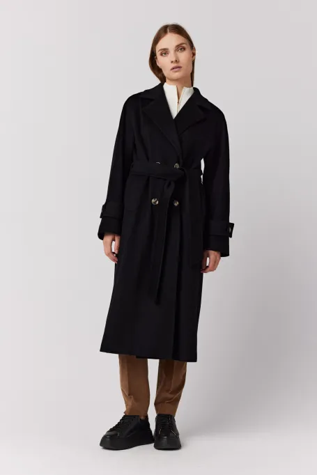 Dlung negru palton de lână cu curea