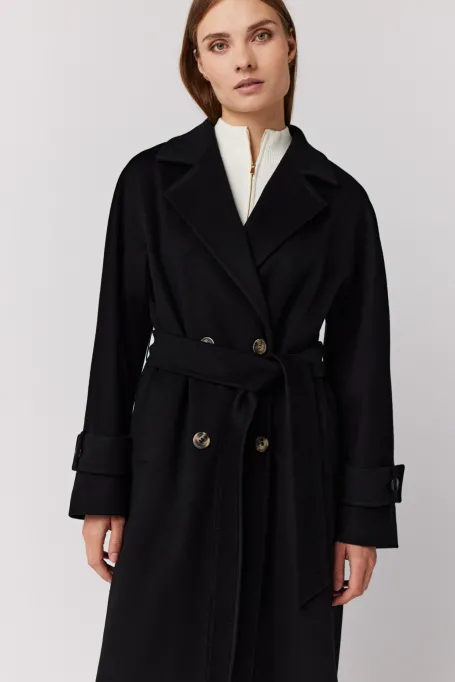 Dlung negru palton de lână cu curea