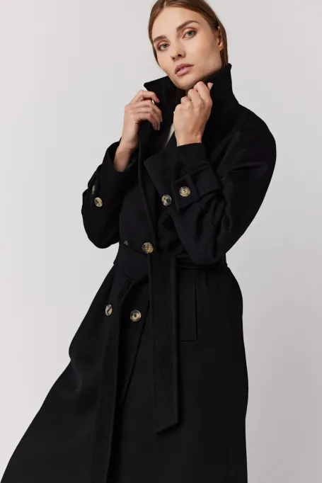 Dlung negru palton de lână cu curea