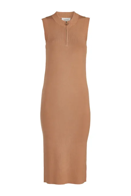Rochie midi camel ajustată fără mâneci