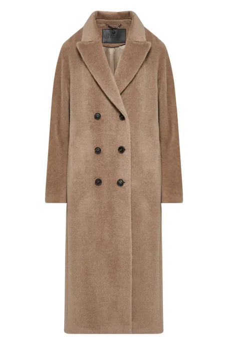 Palton bej cu două rânduri de nasturi cu alpaca suri