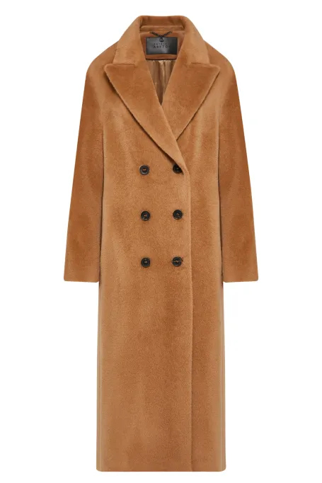 Palton camel cu două rânduri de nasturi cu alpaca suri