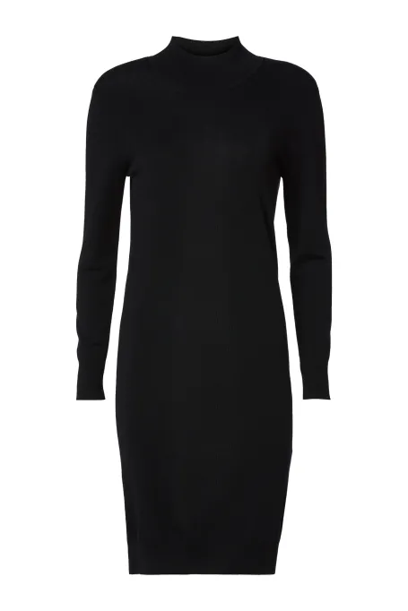 Rochie neagră semi-guler din lână merinos