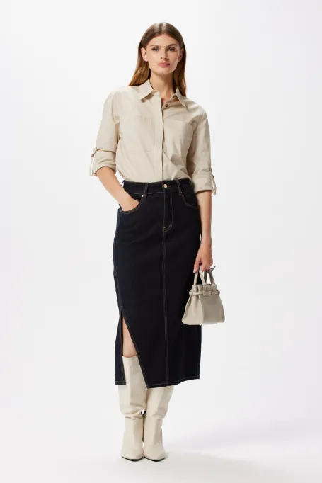 Fustă midi jeans albastru închis