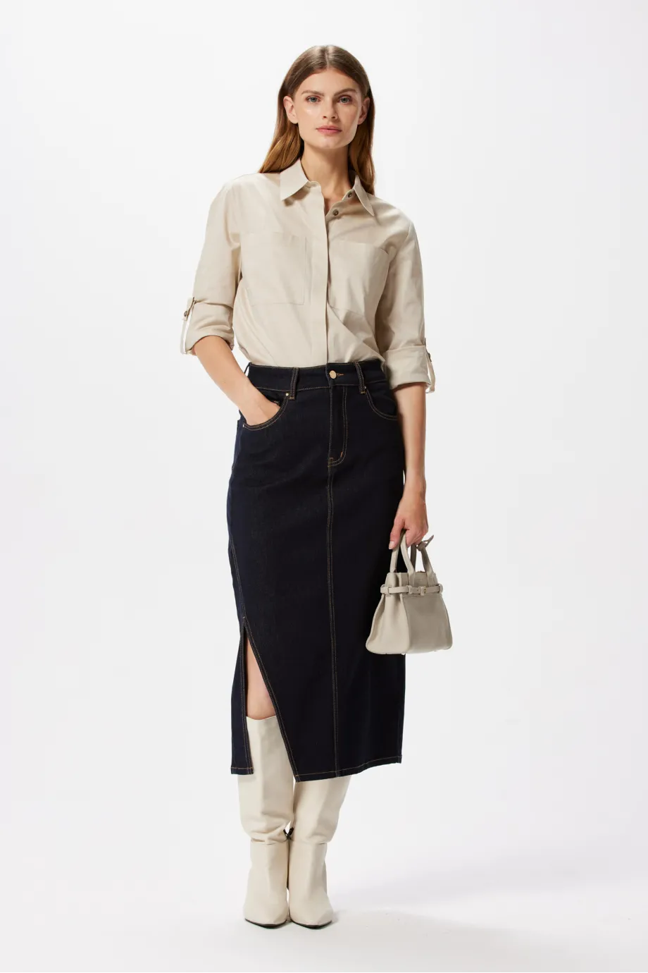 Fustă midi jeans albastru închis Fustă midi jeans albastru închis