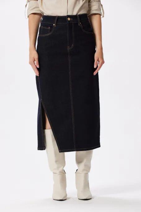 Fustă midi jeans albastru închis