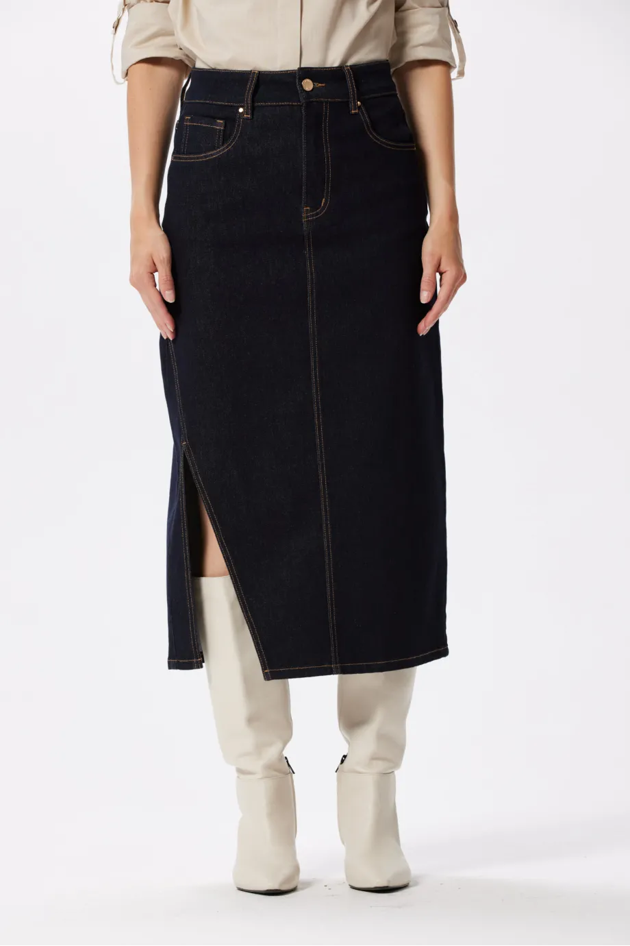 Fustă midi jeans albastru închis Fustă midi jeans albastru închis