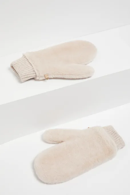 Mănuși bej din lână teddy bear