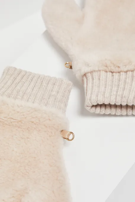 Mănuși bej din lână teddy bear