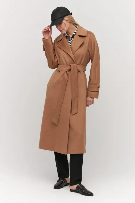 Palton camel din lână de cămilă cu curea