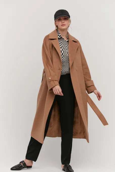 Palton camel din lână de cămilă cu curea