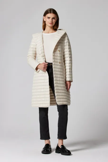 Geacă ușoară bej de puf cu glugă Mila