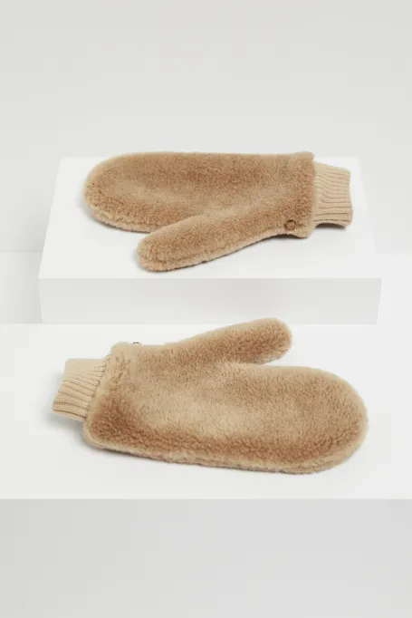 Mănuși cămilă din lână teddy bear