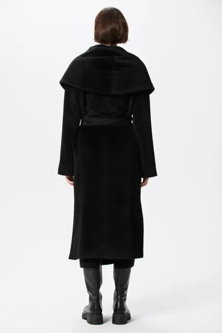 Palton negru cu glugă din suri alpaca evercoat Palton negru cu glugă din suri alpaca evercoat