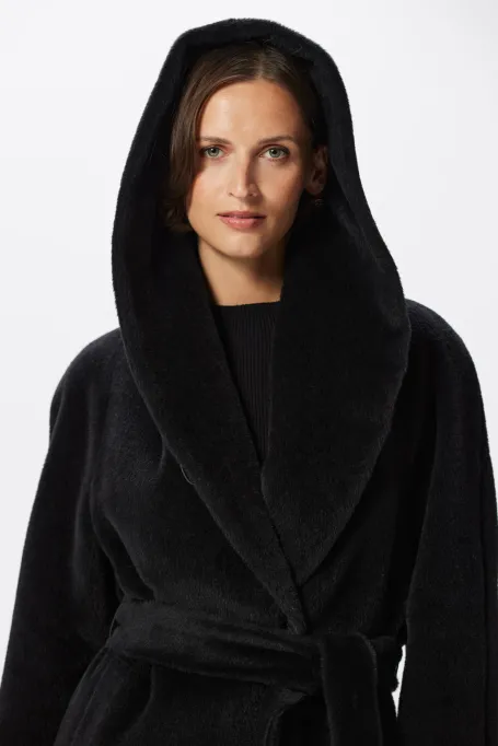 Palton negru cu glugă din suri alpaca evercoat Palton negru cu glugă din suri alpaca evercoat