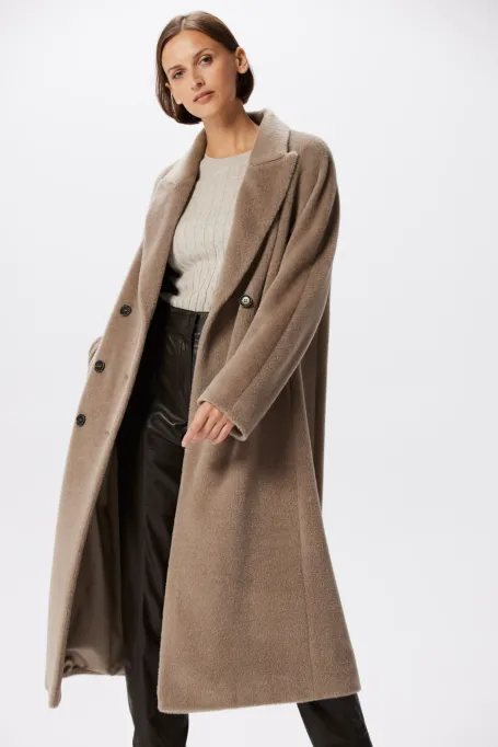 Palton bej cu două rânduri de nasturi cu alpaca suri