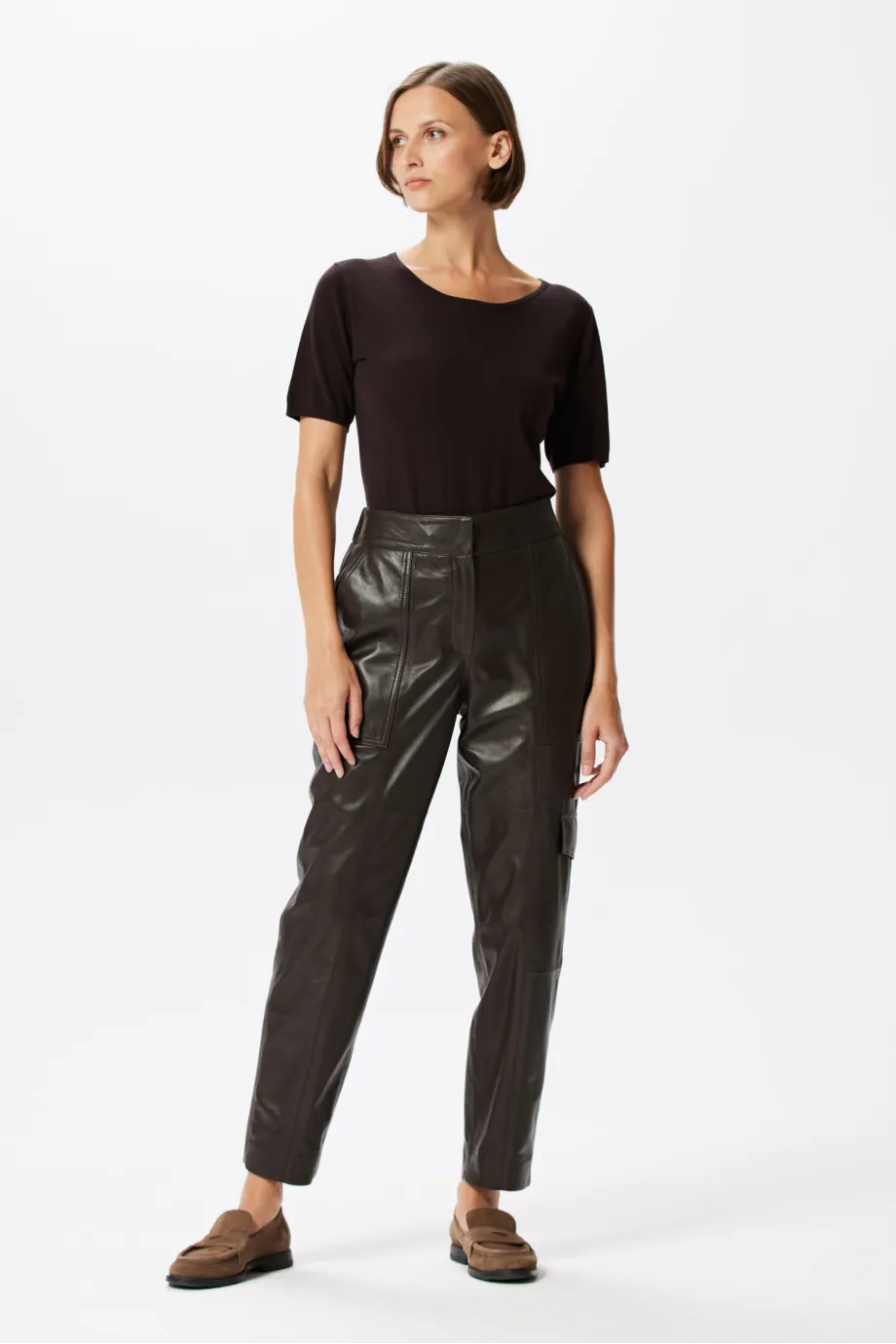 Pantaloni jogger maro din piele Pantaloni jogger maro din piele