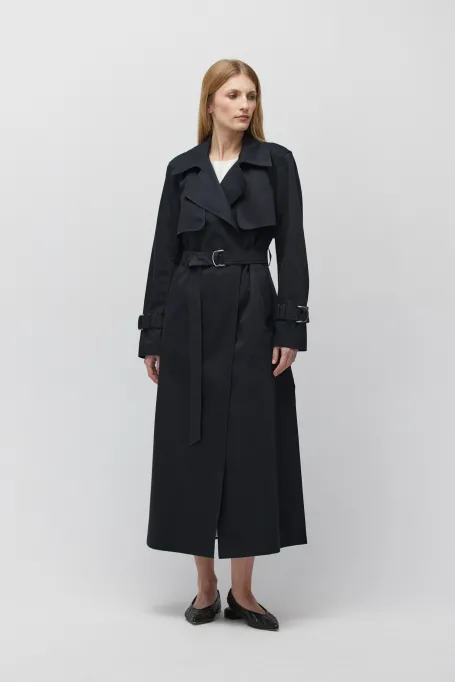 Trenci negru din bumbac cu curea