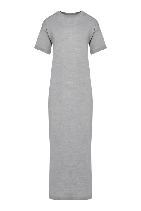 Rochie maxi gri din lână merinos