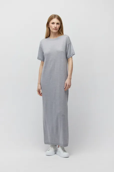 Rochie maxi gri din lână merinos