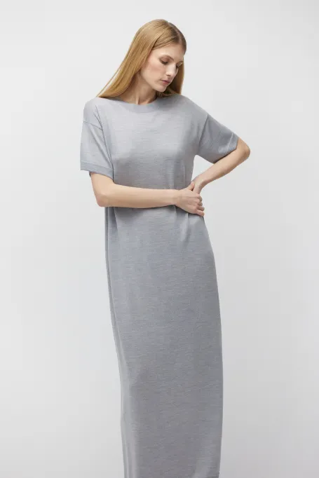 Rochie maxi gri din lână merinos