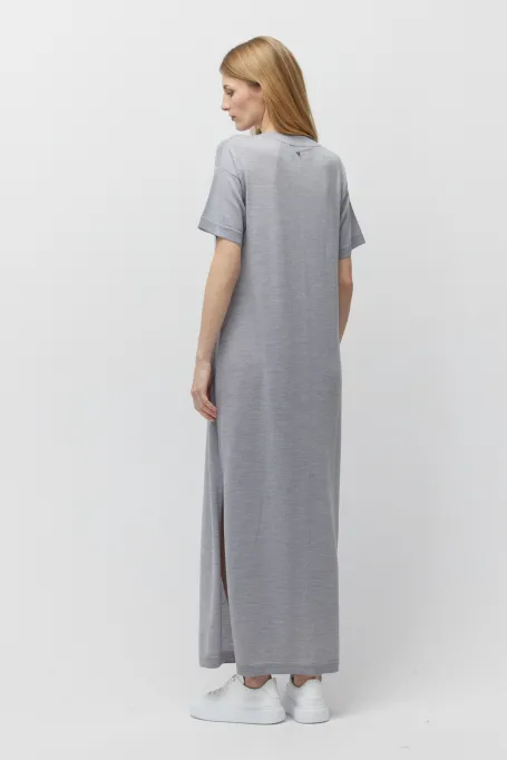 Rochie maxi gri din lână merinos