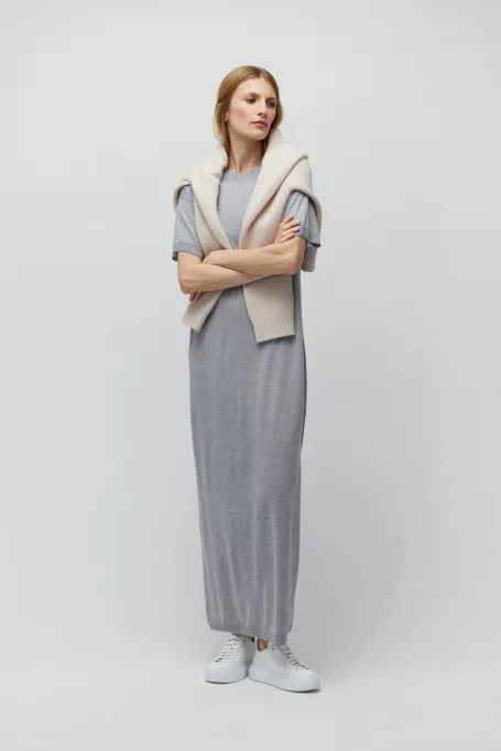 Rochie maxi gri din lână merinos