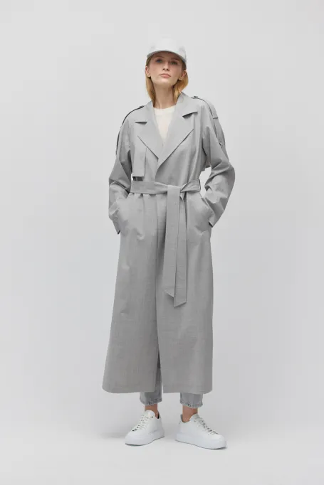 Trenci gri de lână cu curea