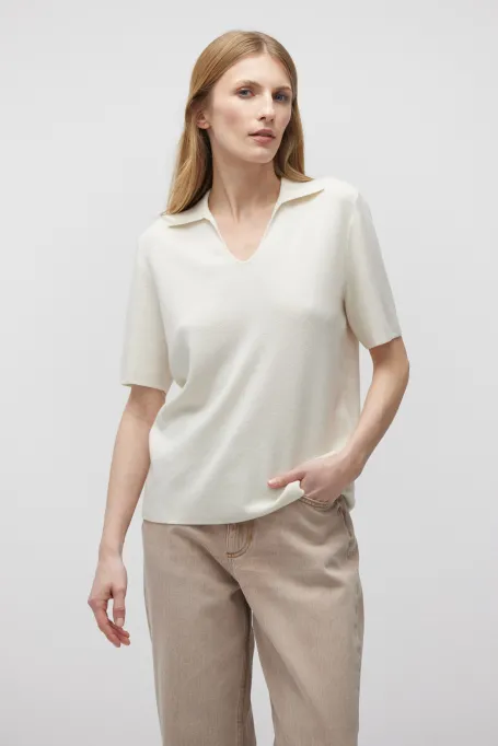 Bluză polo albă din lână merinos