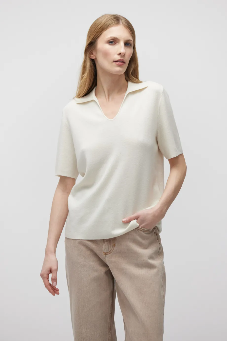 Bluză polo albă din lână merinos Bluză polo albă din lână merinos