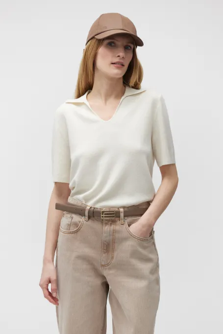 Bluză polo albă din lână merinos