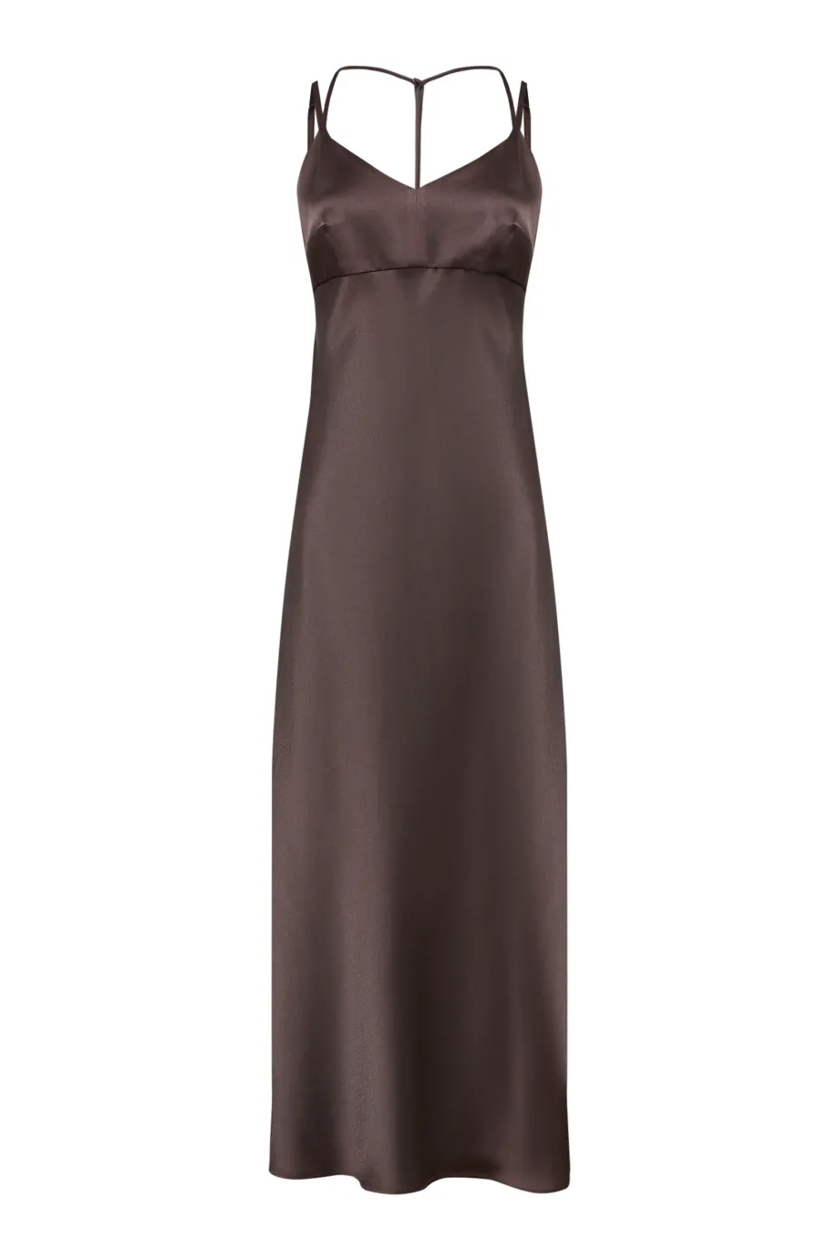 Rochie lunga de ciocolata cu cravata la gat Rochie lunga de ciocolata cu cravata la gat