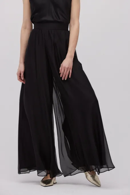 Pantaloni negri din mătase cu picioare largi Pantaloni negri din mătase cu picioare largi