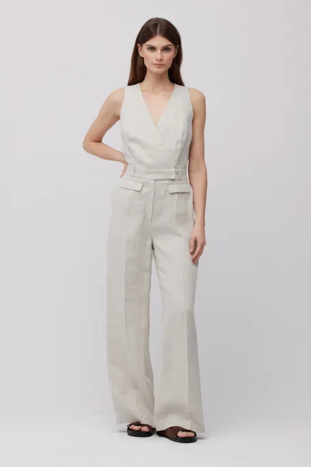 Salopetă de in bej cu picioare largi