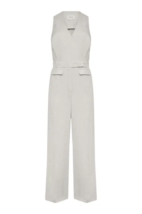 Salopetă de in bej cu picioare largi