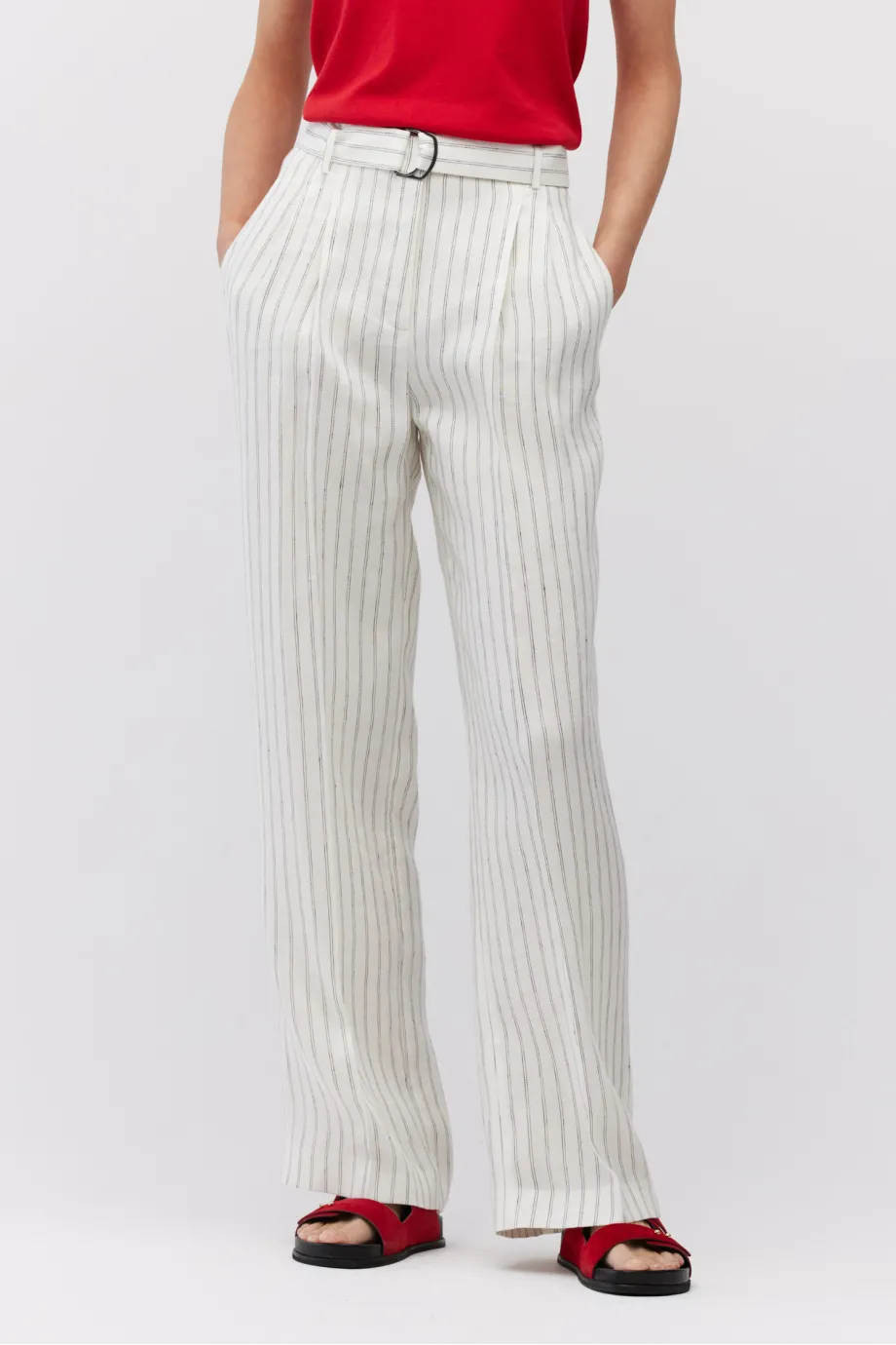 Pantaloni largi din in cu dungă verticală Pantaloni largi din in cu dungă verticală
