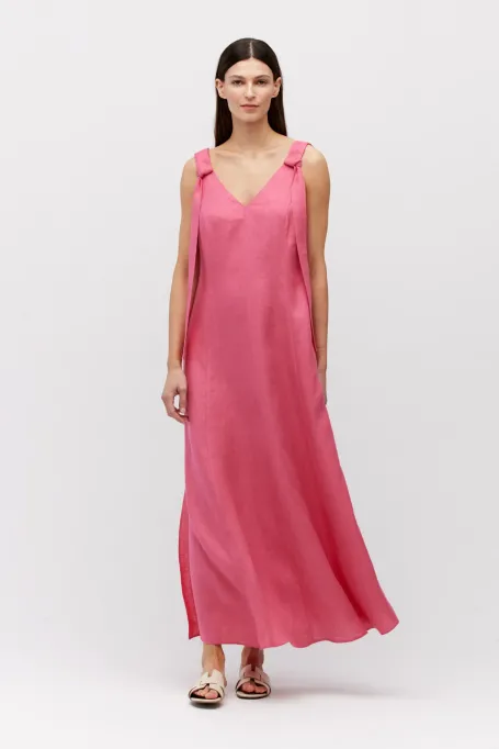 Rochie lunga din in roz cu bretele