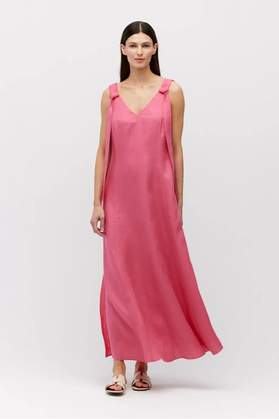 Rochie lunga din in roz cu bretele Rochie lunga din in roz cu bretele