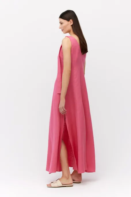 Rochie lunga din in roz cu bretele