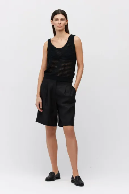 Pantaloni scurți negri din in, cu buzunare