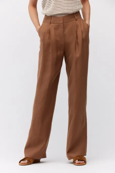 Pantaloni de costum maro din in