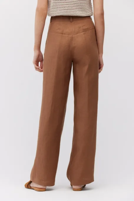 Pantaloni de costum maro din in