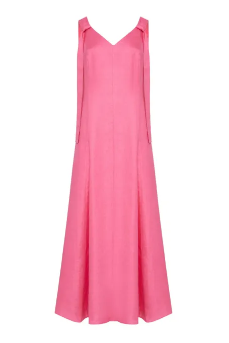 Rochie lunga din in roz cu bretele Rochie lunga din in roz cu bretele