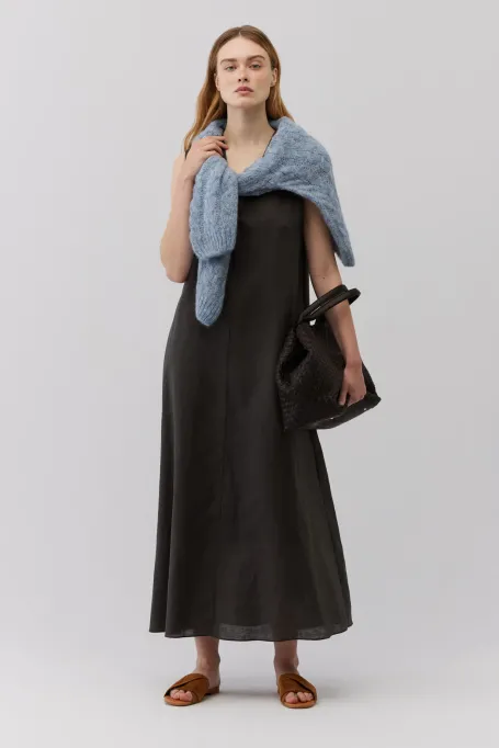 Rochie maxi din in verde inchis fara maneci