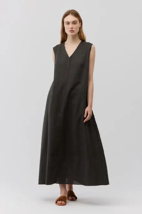 Rochie maxi din in verde inchis fara maneci