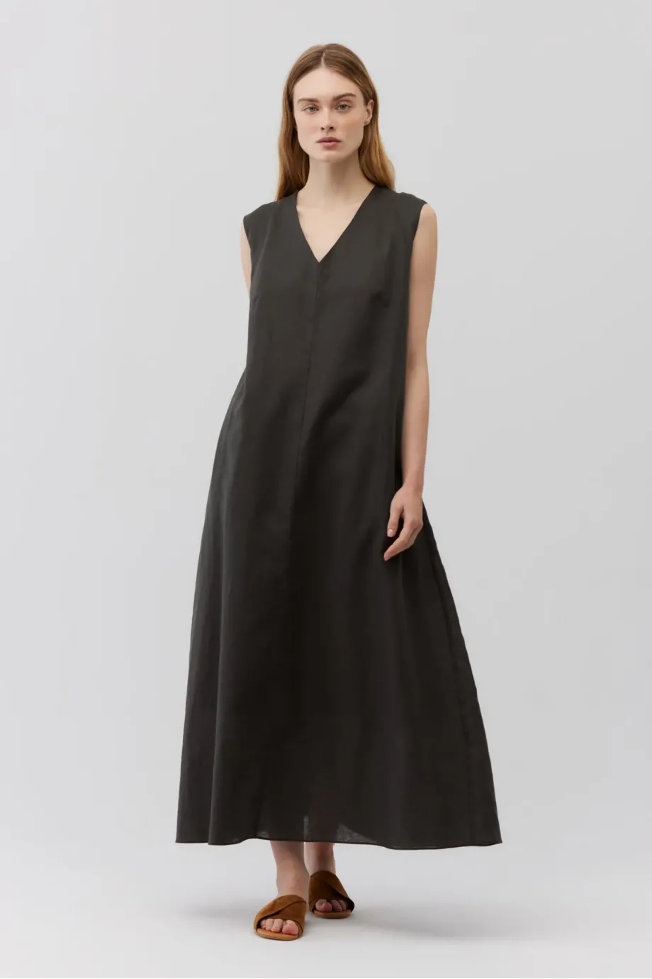 Rochie maxi din in verde inchis fara maneci Rochie maxi din in verde inchis fara maneci