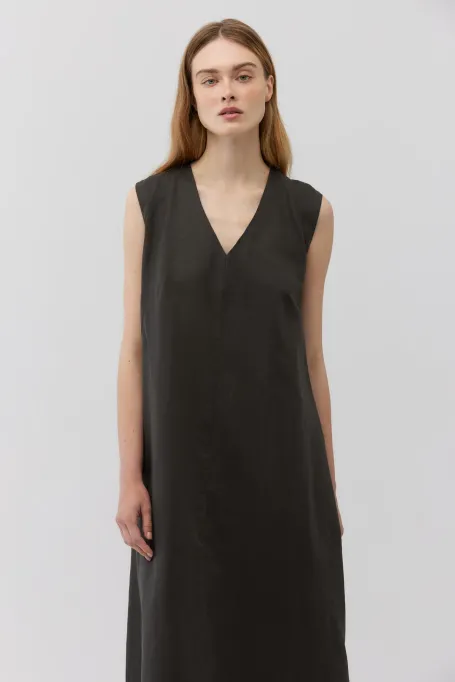 Rochie maxi din in verde inchis fara maneci