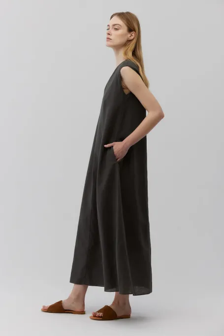 Rochie maxi din in verde inchis fara maneci