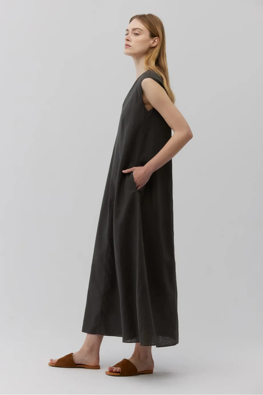 Rochie maxi din in verde inchis fara maneci Rochie maxi din in verde inchis fara maneci